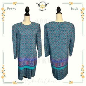 Vintage Breli Original Dress Women's Size 10 Teal All Over Print Pleated Skirt